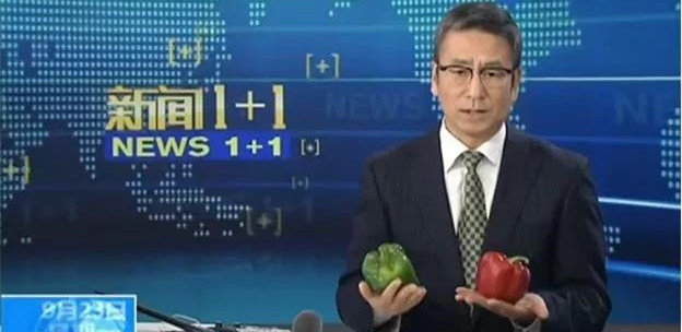 白岩松拿着两个柿子椒上了《新闻1+1》